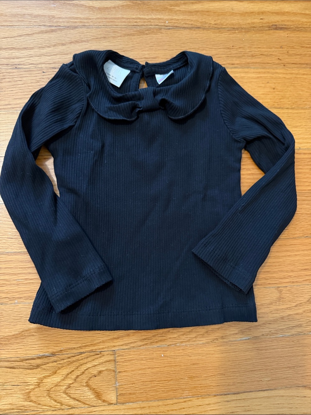 ZARA Girls' Black Ribbed Long-Sleeve Top with Peter Pan Collar